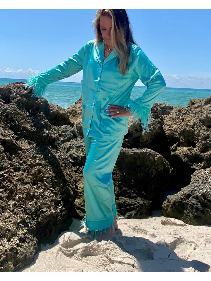 Plume AF Design - Vente Haut et bas de pyjama – femme - Pyjama extensible en satin avec garniture en plumes d'autruche amovible20