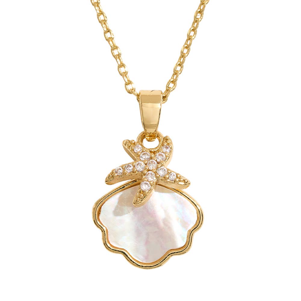 Sensibling Corp. - Wholesale Pendant/Charm Necklace - 14K Gold Dipped CZ Stone Paved Starfish Mother of Pearl Shell Pendant Necklace1