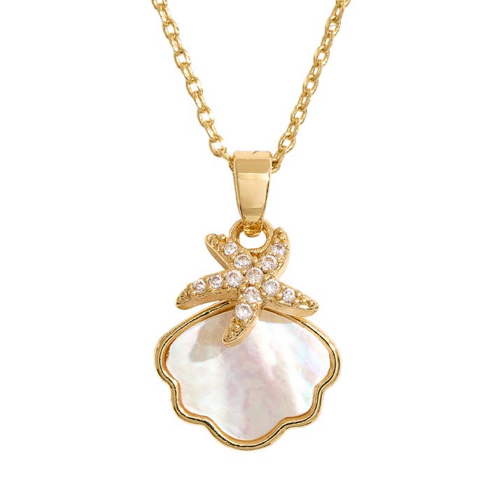 Sensibling Corp. - Wholesale Pendant/Charm Necklace - 14K Gold Dipped CZ Stone Paved Starfish Mother of Pearl Shell Pendant Necklace1