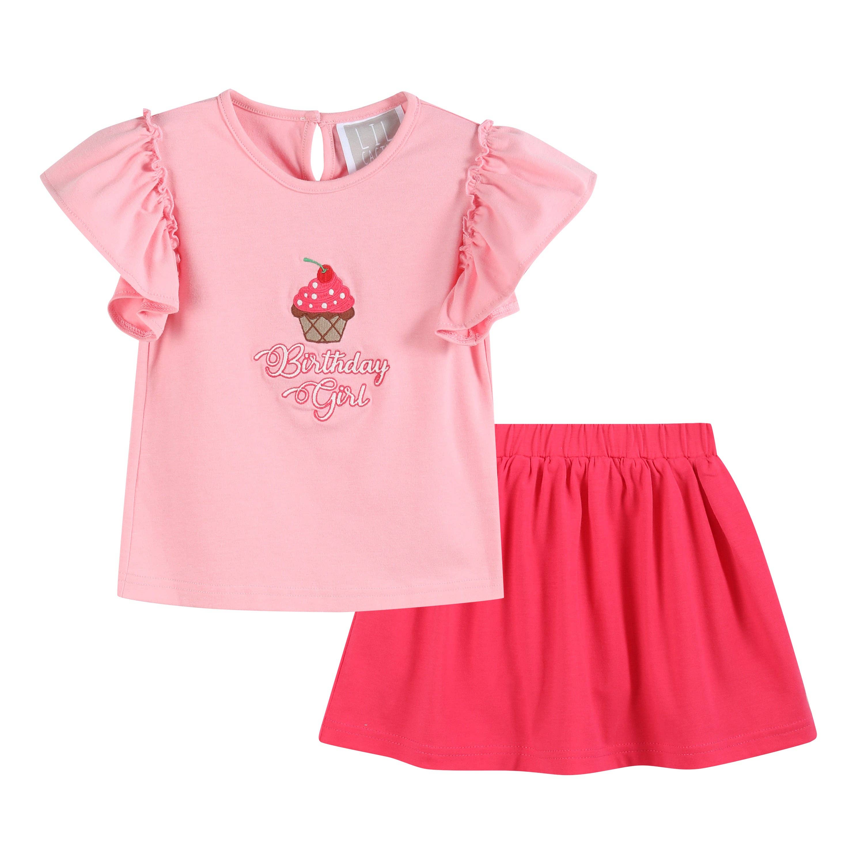 Lil Cactus - Venta al por mayor Conjunto de camiseta y falda - Niños - Conjunto de Top con Volantes y Falda-Pantalón Rosa para Cumpleaños de Niña
