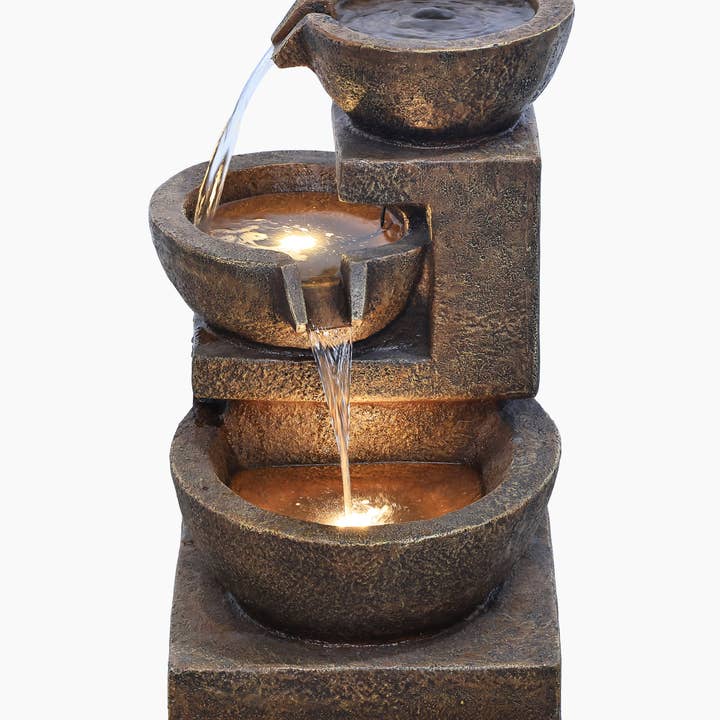 Hi-Line Gift Ltd. - Wholesale Outdoor Ornament/Decor - Cascading Bowl Fountain with Dual Warm White LEDs - Brown