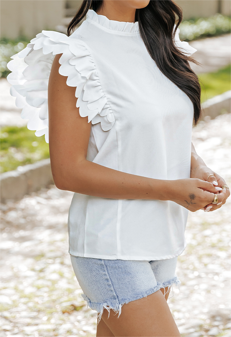 PartyEight - Vente Chemisier – femme - Haut à manches volantées et festonnées de couleur unie10