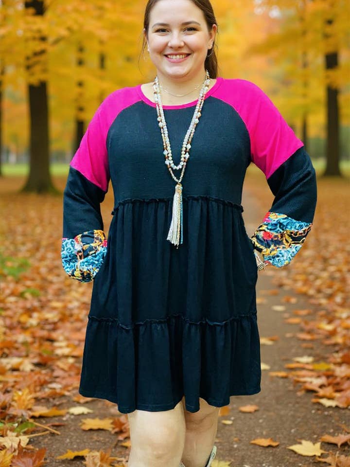 BQ13861 long sleeve trim ruffle hem smock women dresses for wholesale by luluclothes