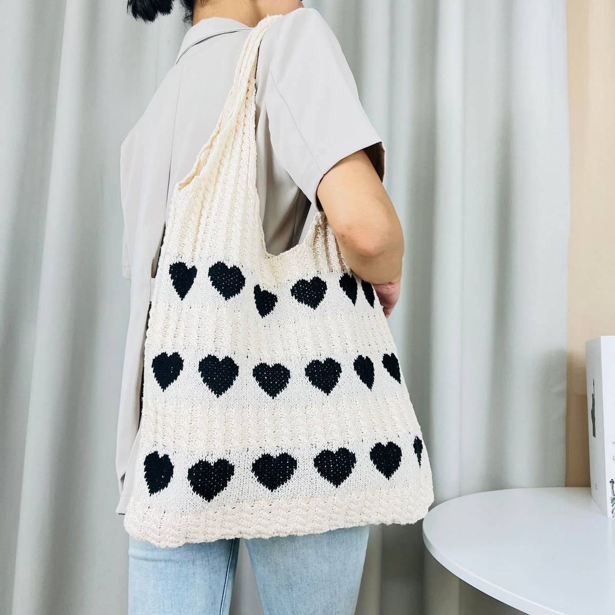 NINEXIS - Wholesale Tote Bag - Women's - CWAB4569_HEART PATTERN KNITTED LARGE CAPACITY TOTE BAG18