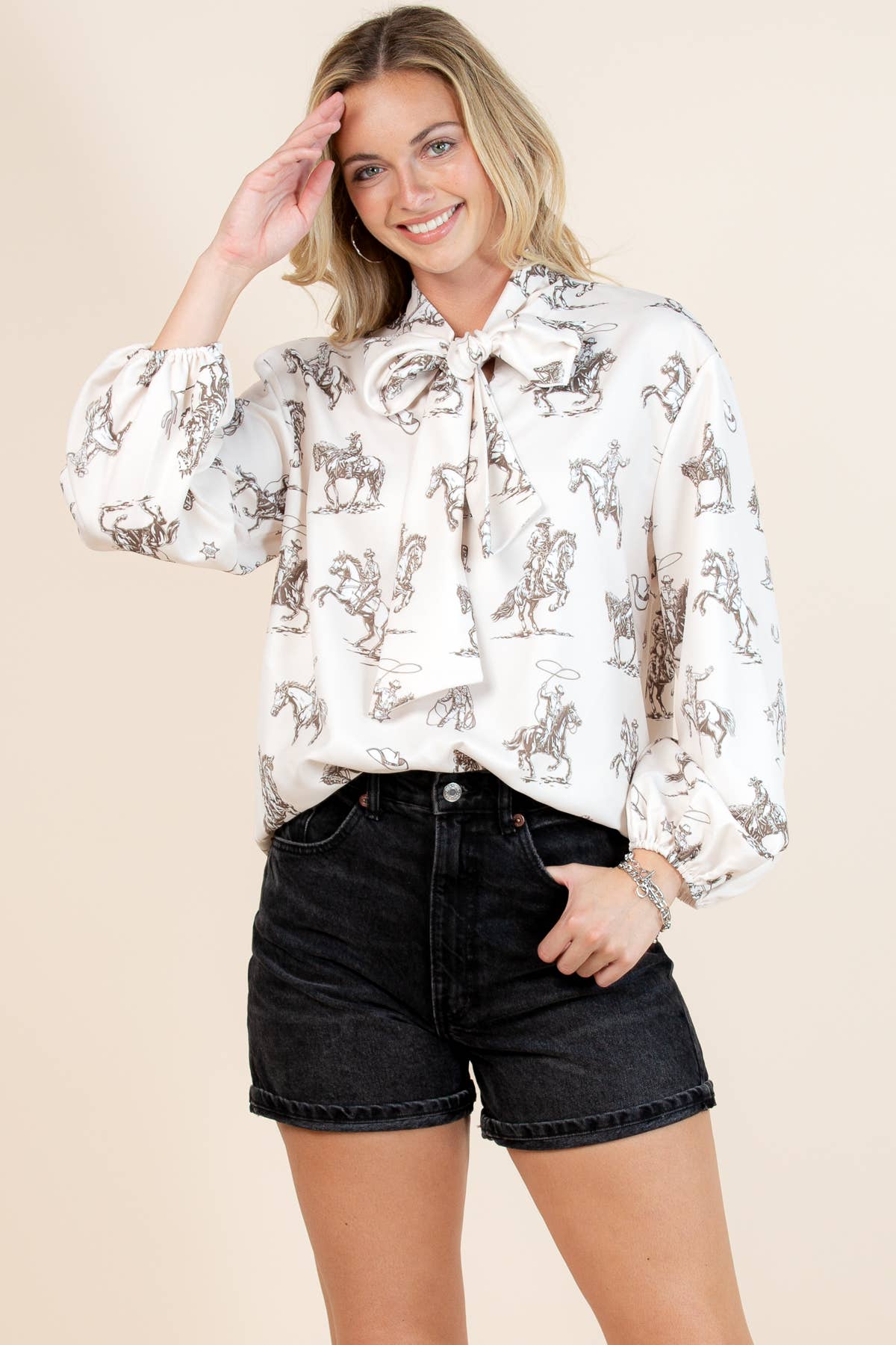 Multi Colored T1629-5302-Western Sheriff Cowboy Print Blouse for wholesale on Faire2