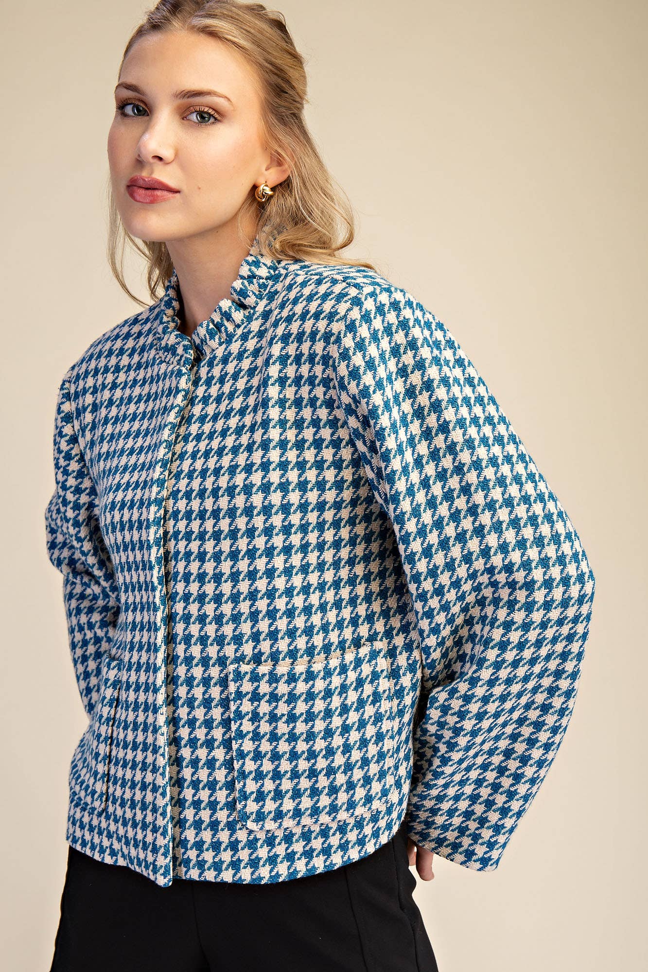 Glam - Wholesale Jacket - Women's - Ruffle Neck Pocket Long Sleeve Jacket1