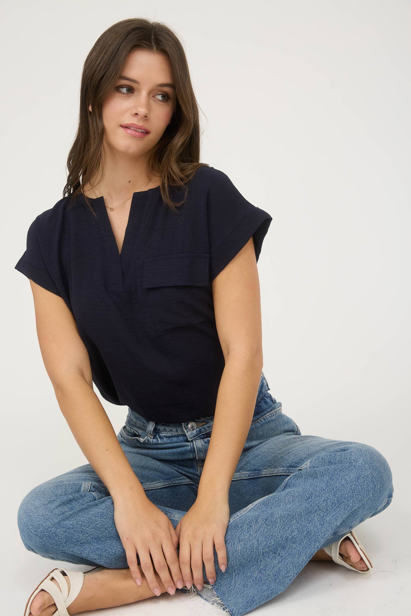 Blu Pepper - Wholesale Blouse - Women's - SPLIT NECK BACK BUTTON SHORT FOLD SLEEVE BLOUSE19