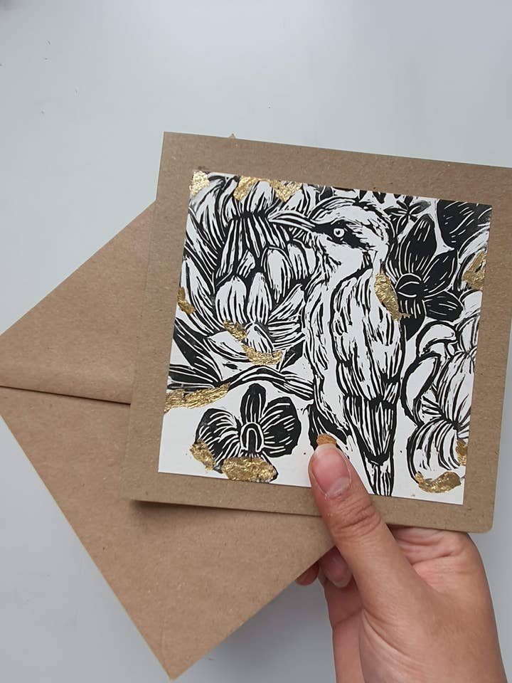 Handmade bee eater linocut greeting cards (Pack of 2) for wholesale by Fizah Afzal