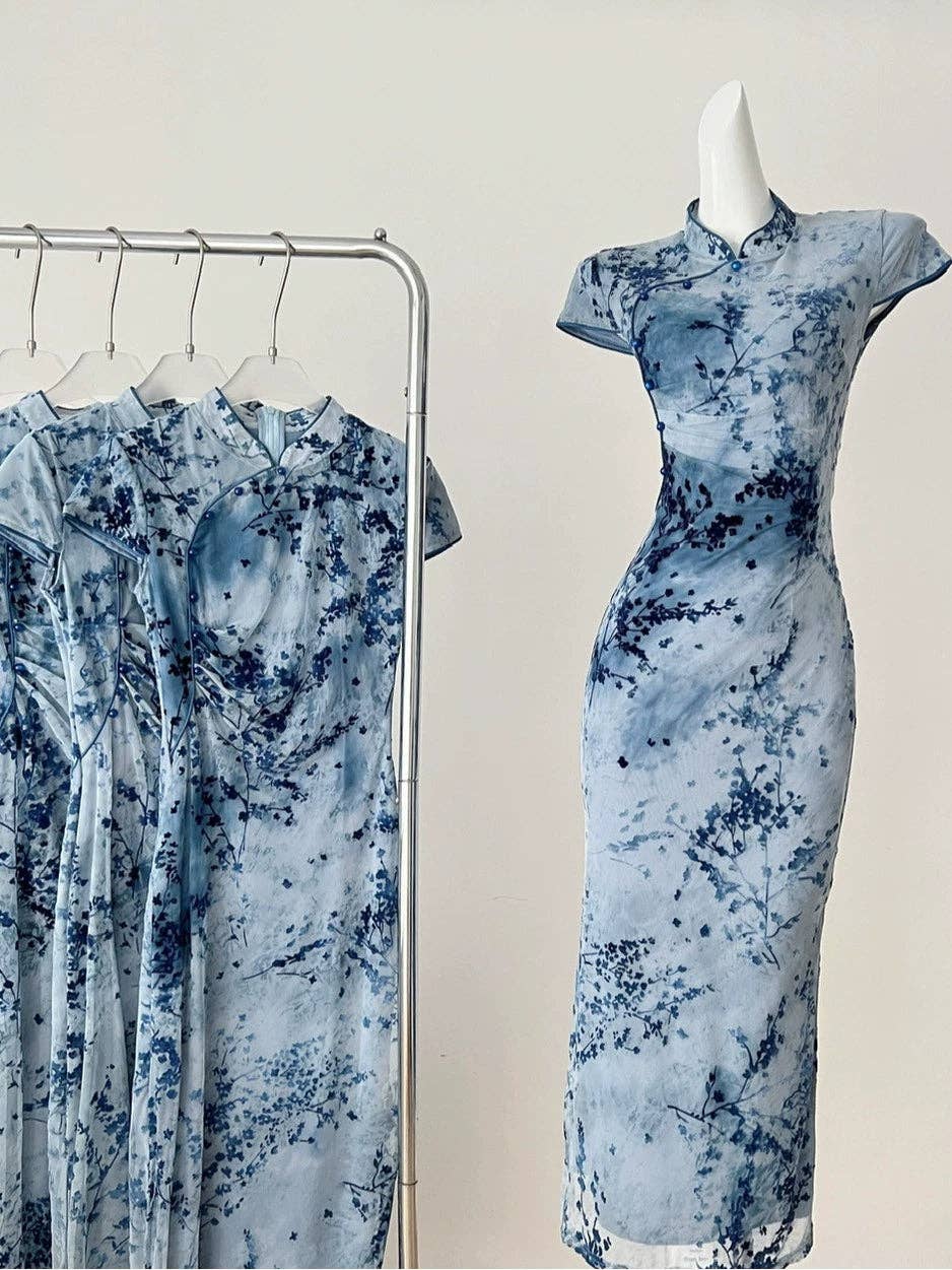 bleu Robe ombrée inspirée du qipao chinois pour femmes en vente sur Faire1