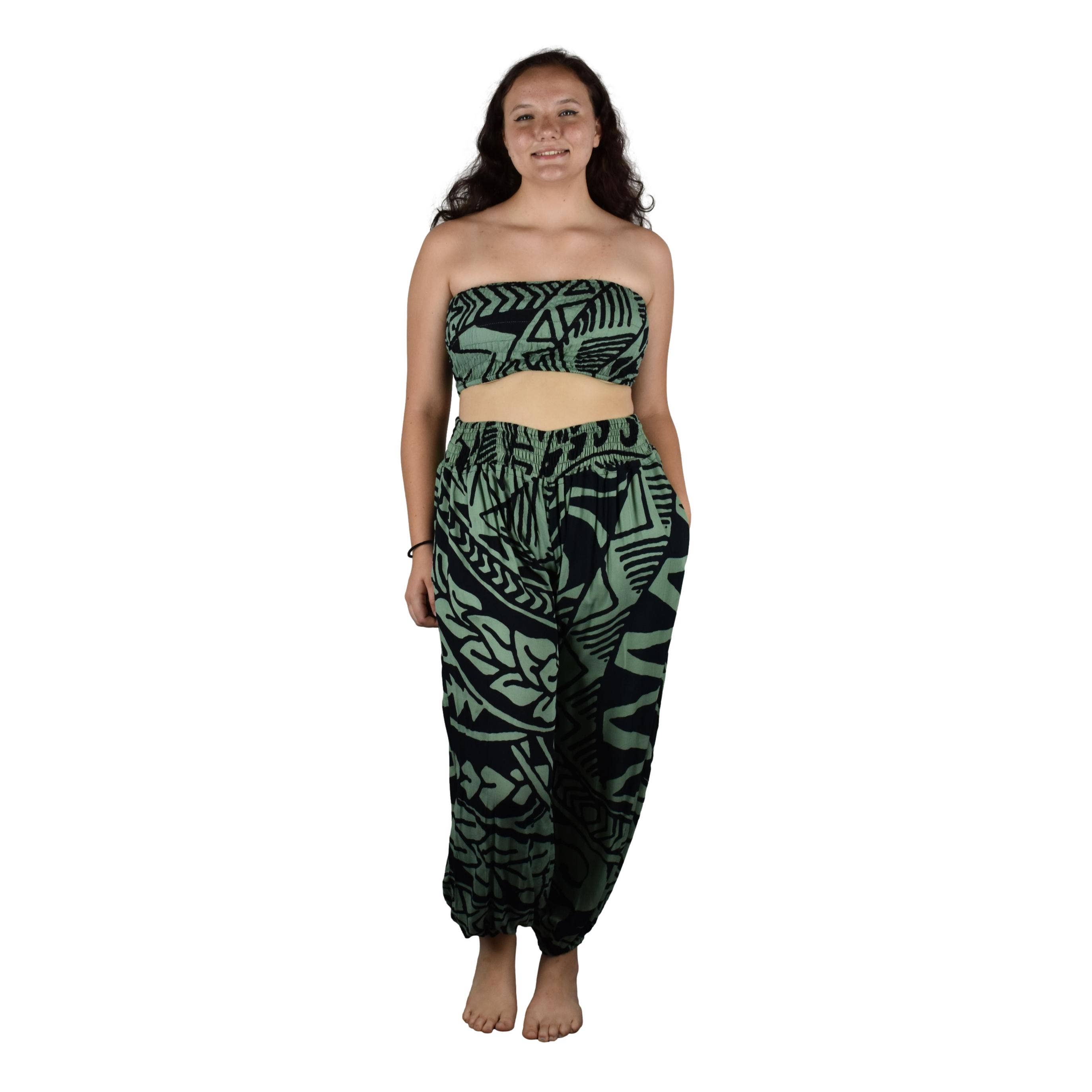 Island Style Clothing Co by Akamai Distribution Ltd - Wholesale Top & Pant Set (NOT Loungewear) - Women's - Pant Set Black Green Tribal with Bandeau and Scrunchie OS