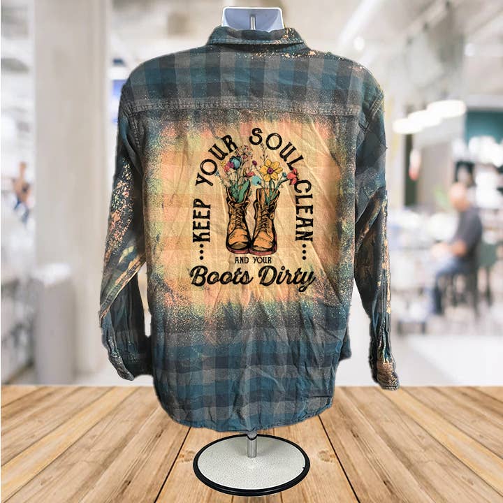 Infidel Nation Apparel - Wholesale T-Shirt (Graphic) - Unisex - Keep Your Boots Dirty & Your Soul Clean Bleached Button Down