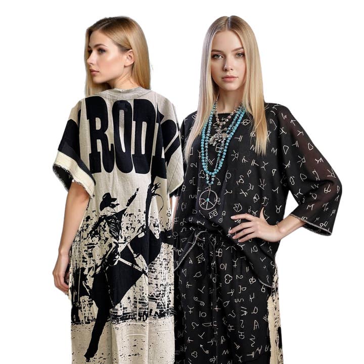 LeParisPetit by I Love Linen - Wholesale Tunic - Women's - Hi-Lo Tunic with Cattle Brands on Front and Rodeo on Back
