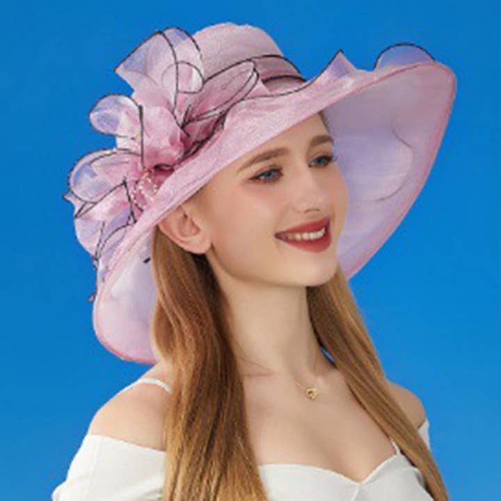 AK Brand - Wholesale Fascinator Hat - Women's - Wide Brim Organza Dress Hat with Sheer Ribbon Floral Design3