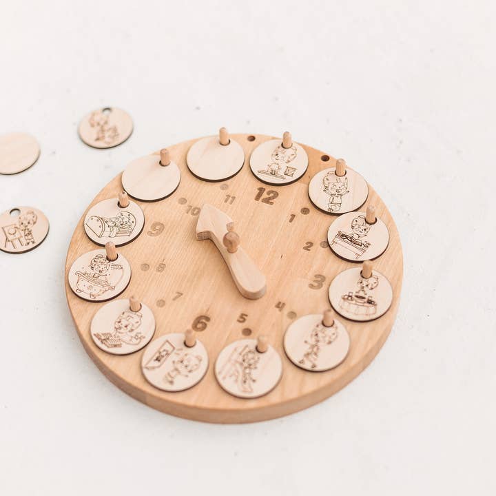 Woodinout - Wholesale Wood Toy - Kids - Wooden routine clock, 14 visual daily planner cards2