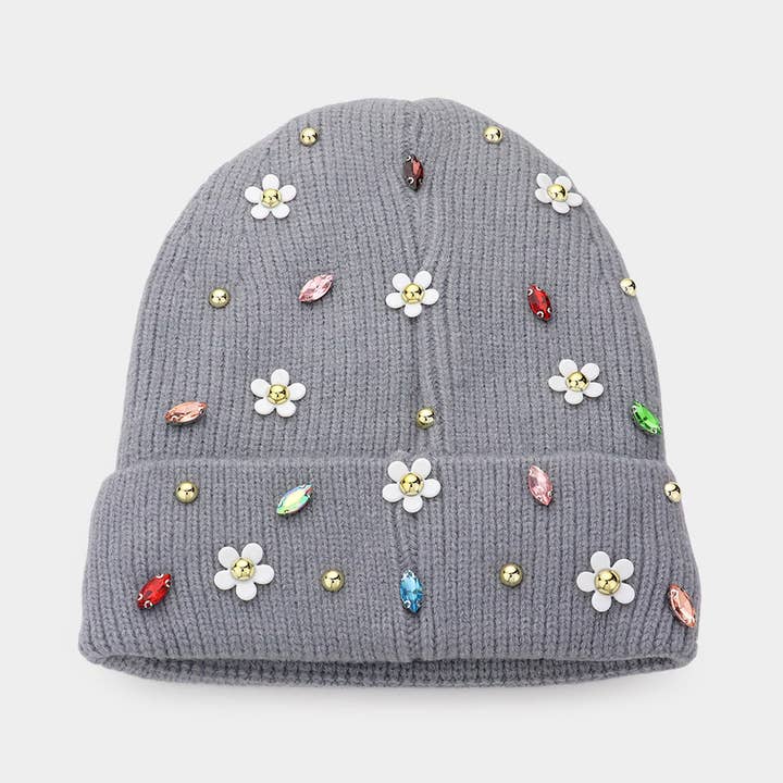 Wona Trading, Inc. - Wholesale Beanie - Women's - Fleece Lining Daisy Flower Stone Solid Knit Beanie Hat