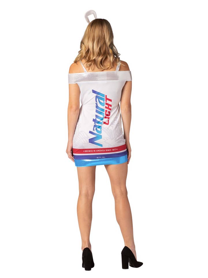 white Anheuser-Busch Natural Light Beer Can Dress Costume, 3 sizes for wholesale on Faire2