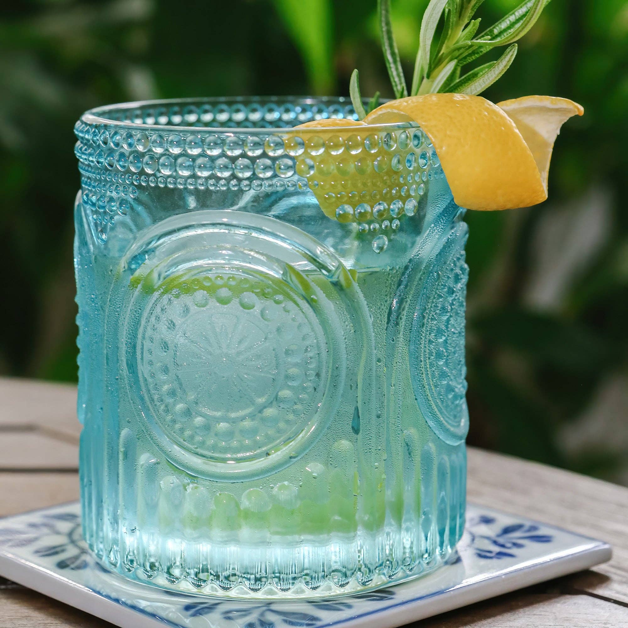 Kate Aspen - Wholesale Cocktail/Liquor Glass - 10 oz. Ribbed Retro Arch Floral Aqua Blue Drinking Glasses (6