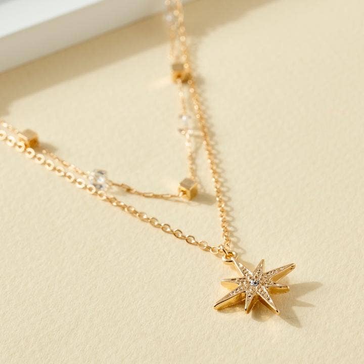 StarryNYC - Wholesale Pendant/Charm Necklace - Starburst Pendant w/ CZ Stone 2 Low Square Beaded Necklace3