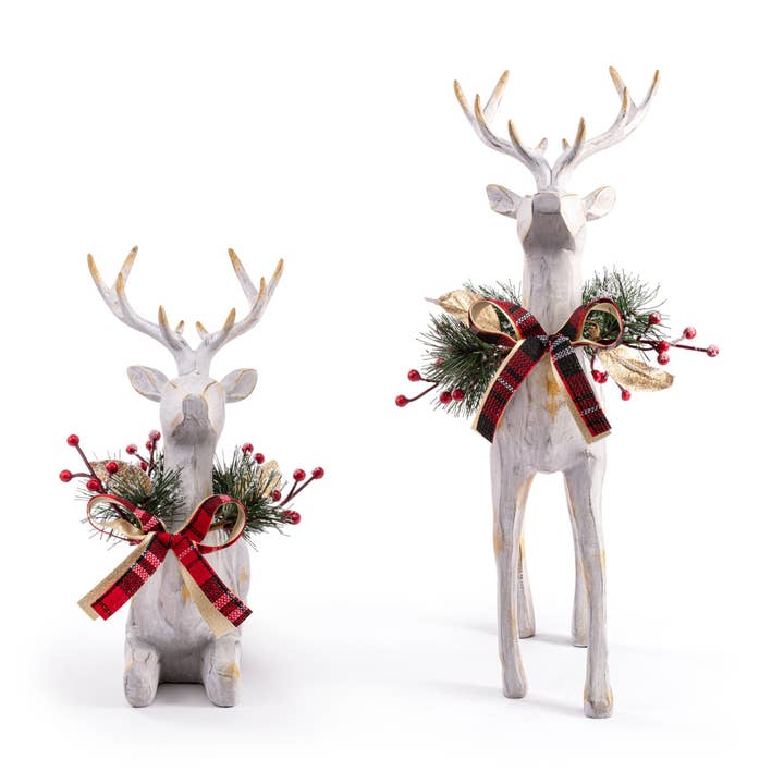 DEMDACO - Wholesale Decorative Figurine - Large Wood Reindeer with Holly Figures - Set of 2
