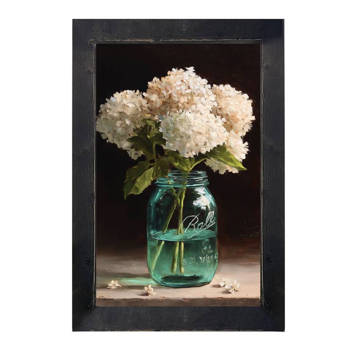 Mason Jar with White Hydrangeas - Vertical Frame for wholesale by ginger blue