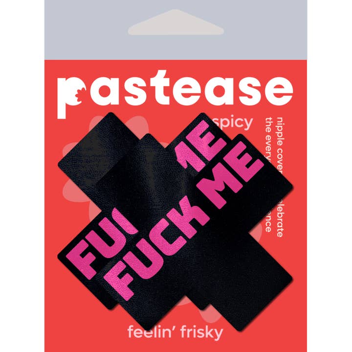 Pastease® - Wholesale Nipple Pasties - Women's - Plus 'Fuck Me' Black Cross on Neon Pink Base Nipple Pasties1