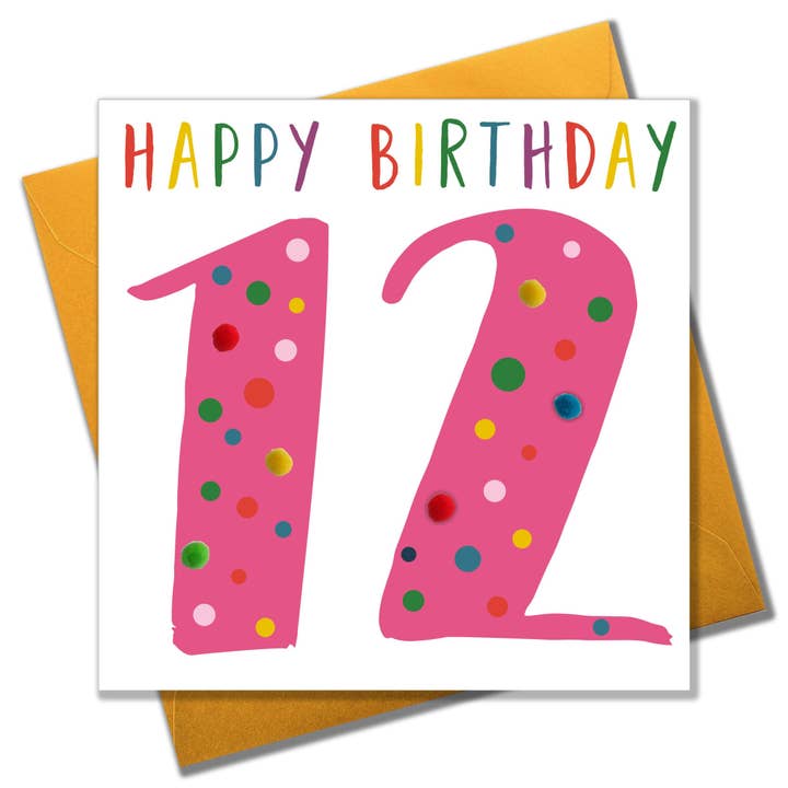 Biglietto di auguri, 12 anni, rosa, buon compleanno 12, impreziosito da pompon per la vendita all'ingrosso da parte di Claire Giles Ltd