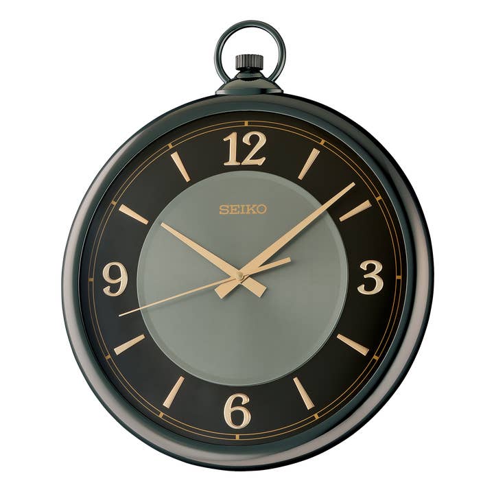 17" Butler Pocket Watch Wall Clock, Black / Rose Gold for wholesale by Seiko Clocks USA