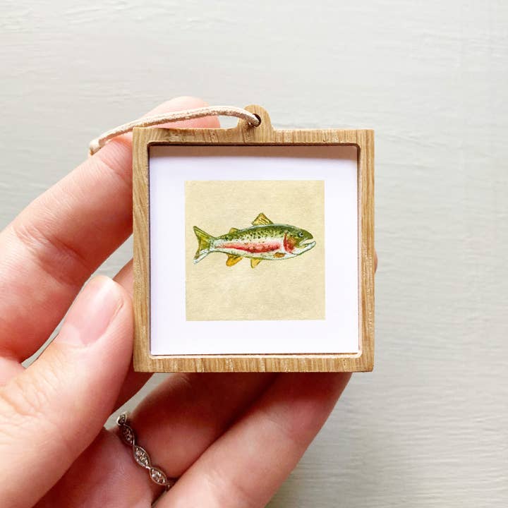 Mick's Art Goods - Wholesale Art Print - Mini 1" Rainbow Trout Tiny Watercolor Framed Art Print1