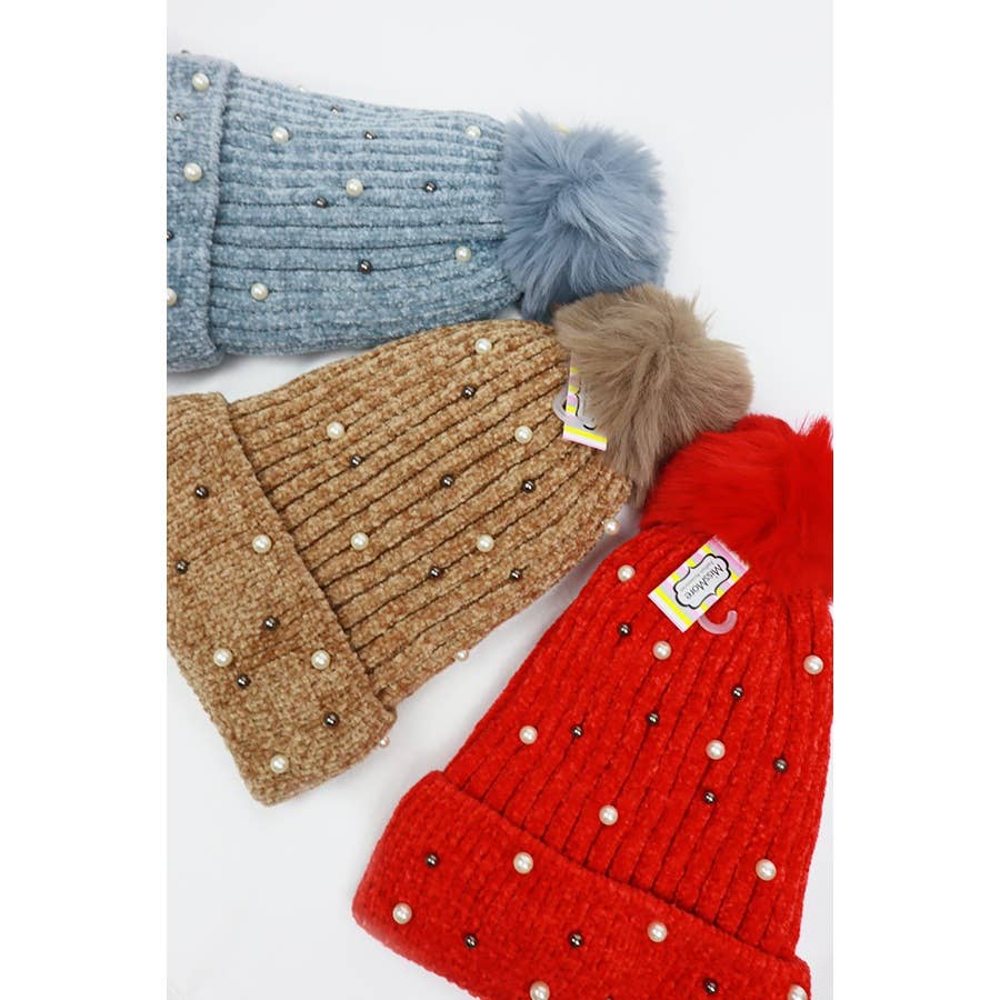 MIX COLOR Fur Lined Pom and Pearl Beanies for wholesale on Faire6