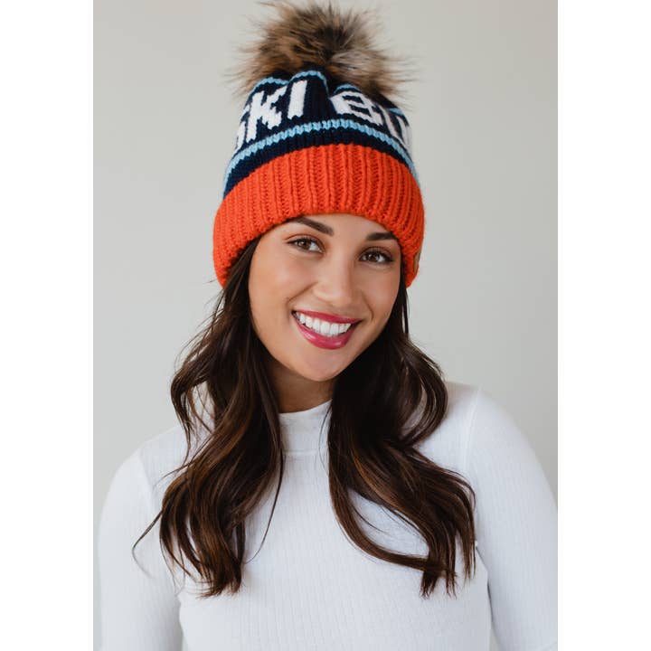 Panache Apparel Co. - Wholesale Beanie - Women's - Orange, Navy & Lt. Blue Ski Bum Pom Hat