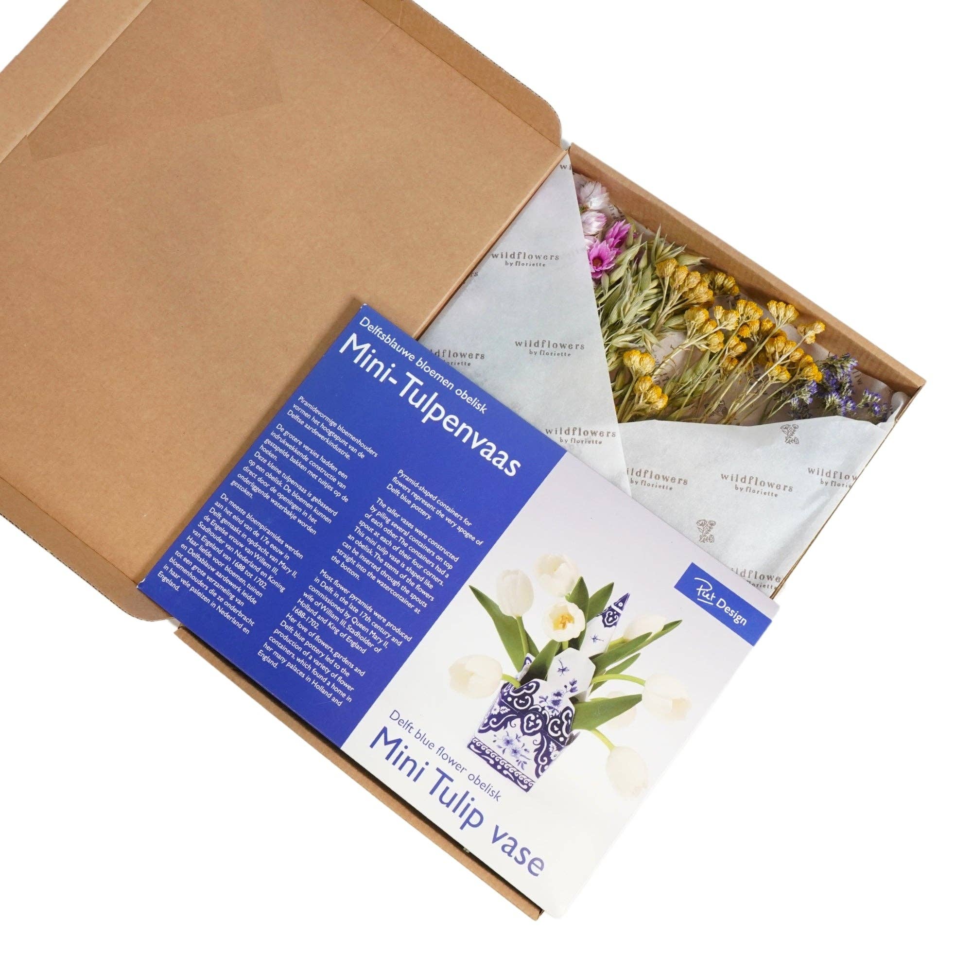 Wildflowers by Floriette – wholesale Torkade/pressade blommor – Gåvolåda – torkade blommor och gör-det-själv tulpanvas i delftblått3