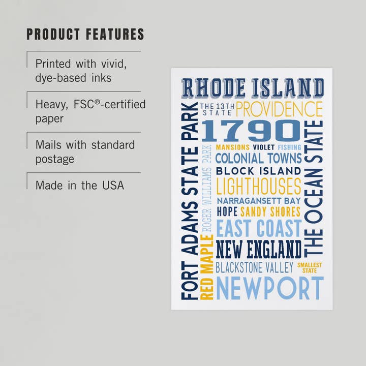 Lantern Press – wholesale Postcard – PREMIUM POSTCARDS Rhode Island, Typography2