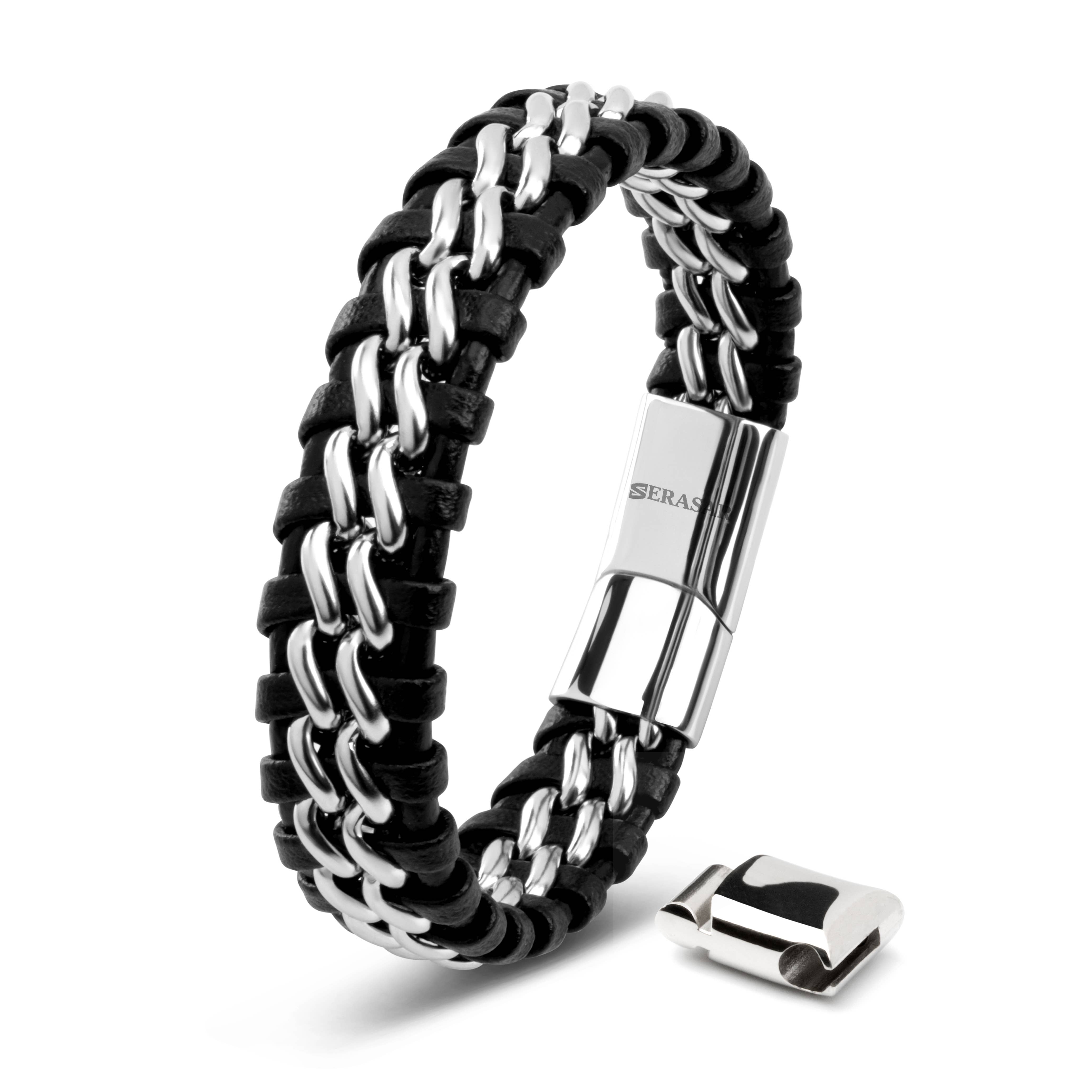 Wholesale Leather bracelet “Steel” - silver - B013 for your store