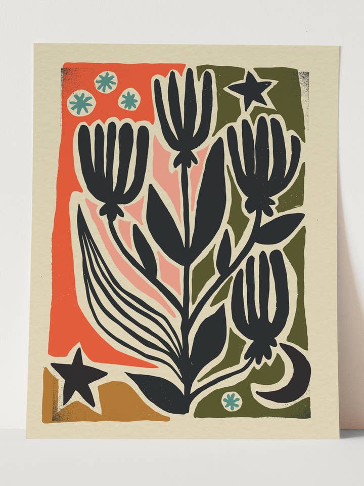 "Gather" Colorful Bold Floral Wall Art Print Mid Century for wholesale by Ash Cascade Design