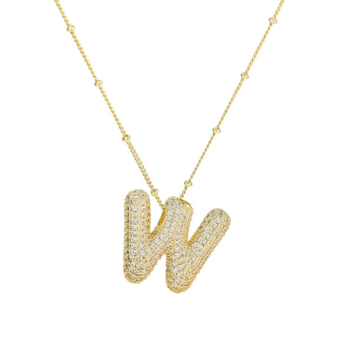 The Classy Cloth WS - Wholesale Pendant/Charm Necklace - Jeweled Cz Bubble Letter Initial Necklace - Gold RTS21