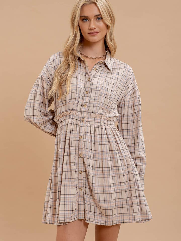 BEIGE MULTI PLAID COLLARED BUTTON DOWN LONG SLEEVE DRESS for wholesale on Faire