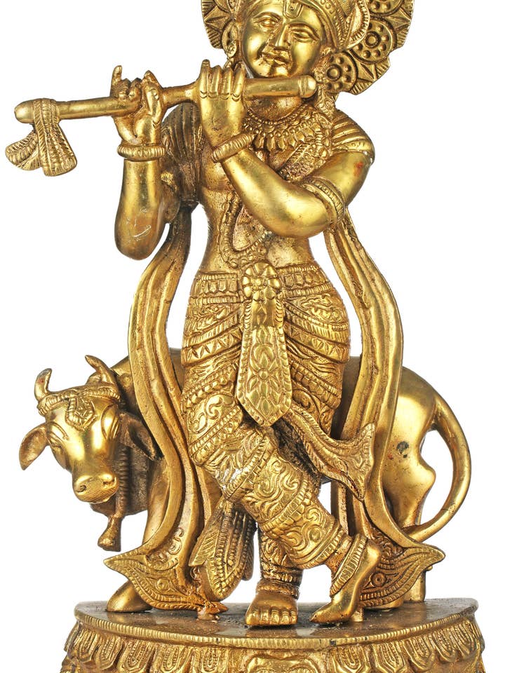12" Venugopala (Fluting Krishna With His Cow) Brass Statue for wholesale by Exotic India Art