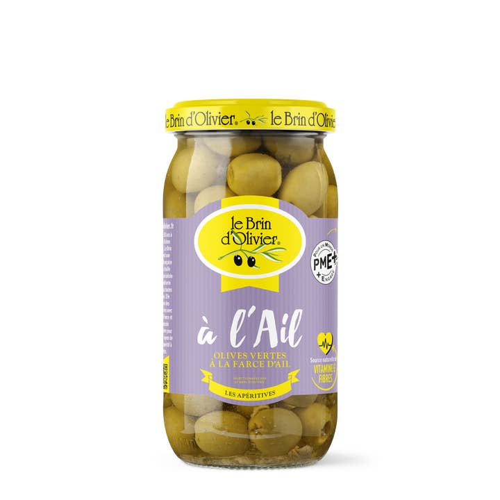 Olives vertes farcies à l'ail pour la vente par Le Brin d'Olivier