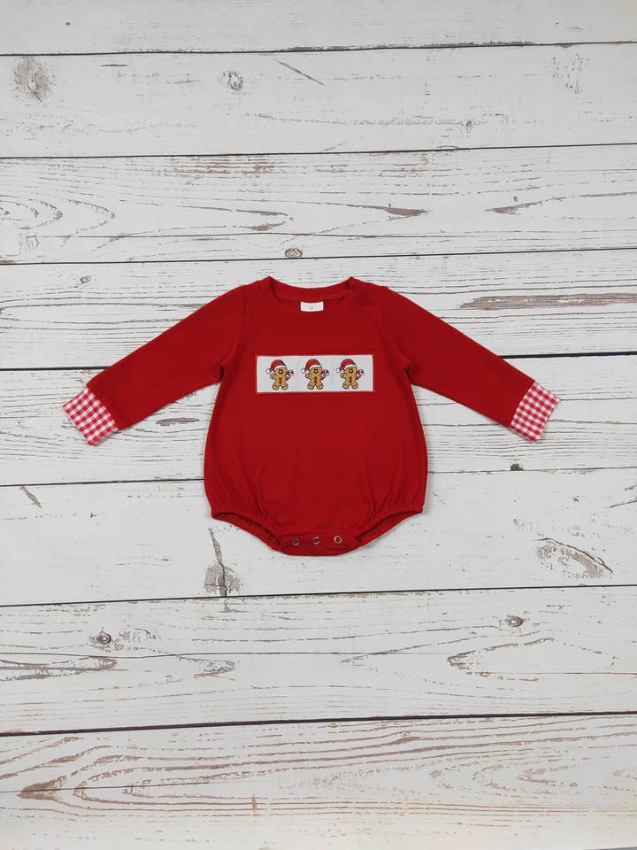 Baby Boys Gingerbread Embroidery Christmas Romper for wholesale by sassy kids palace