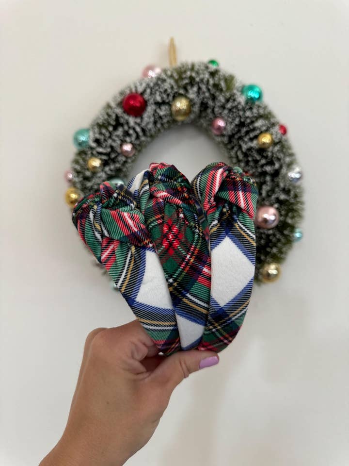 Christmas Plaid Velvet Top Knot Bendable Headband for wholesale by Brynnbands