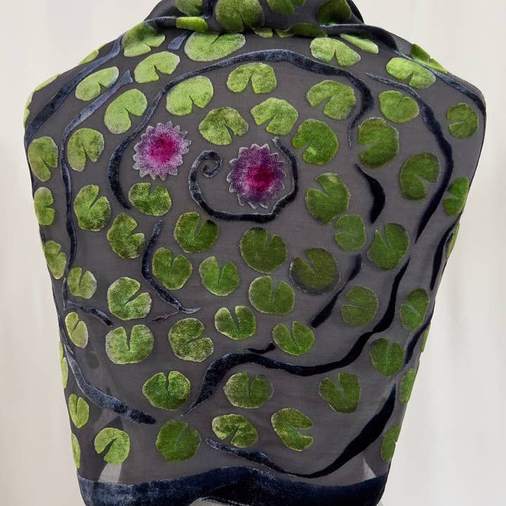 Sherit Levin Textiles – wholesale Scarf – Women's – Black Devoré Burnout Velvet Green Lily Pads Scarf/Shawl3