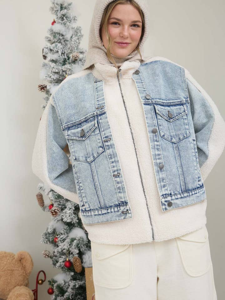 TEDDY AND DENIM MIXED MEDIA ZIP-UP JACKET for wholesale on Faire3