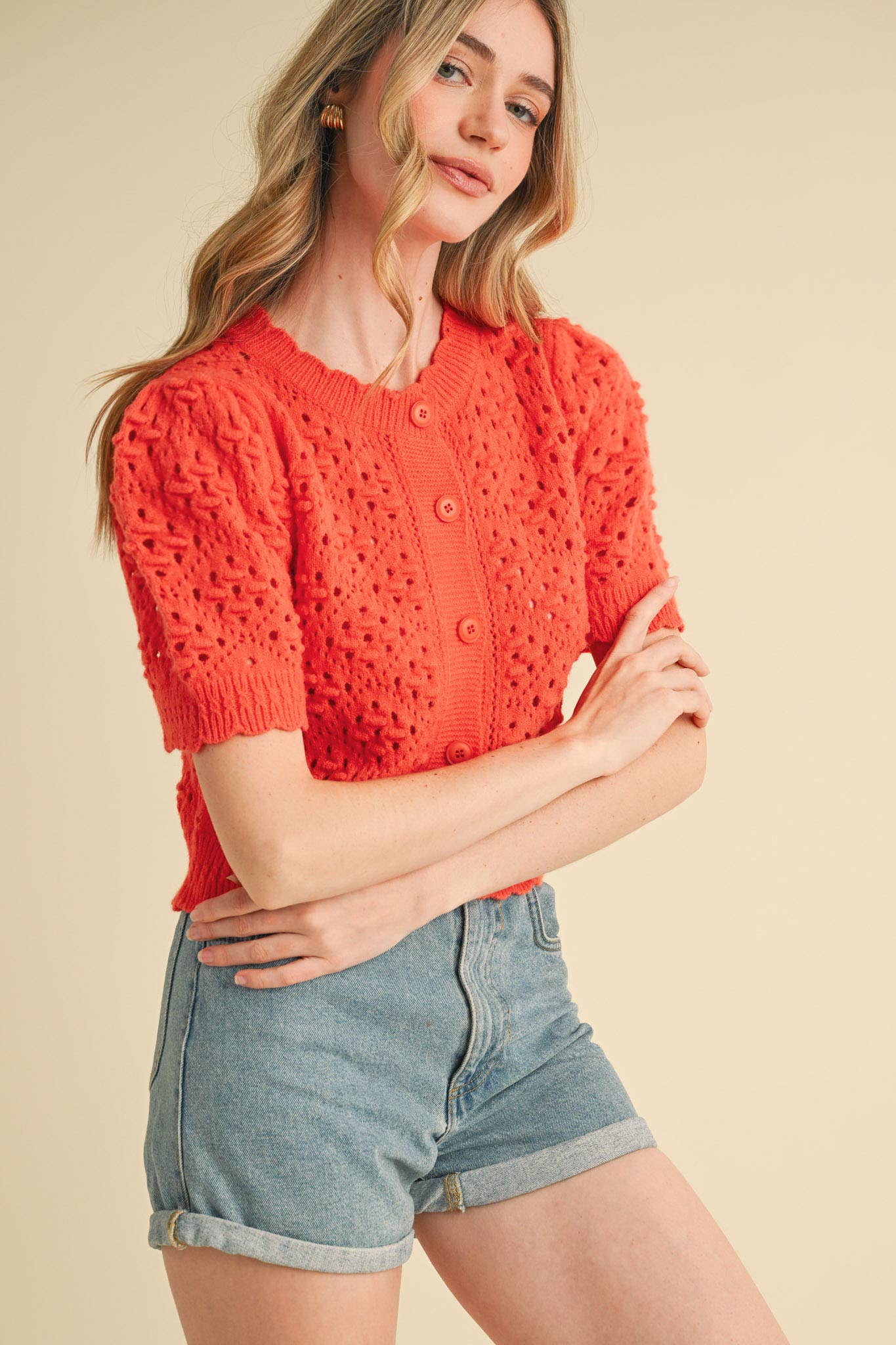 &MERCI - Wholesale Cardigan - Women's - CROPPED POINTELLE BUTTON DOWN SWEATER CARDIGAN MSW1085722