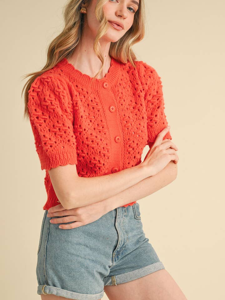 &MERCI - Wholesale Cardigan - Women's - CROPPED POINTELLE BUTTON DOWN SWEATER CARDIGAN MSW1085722