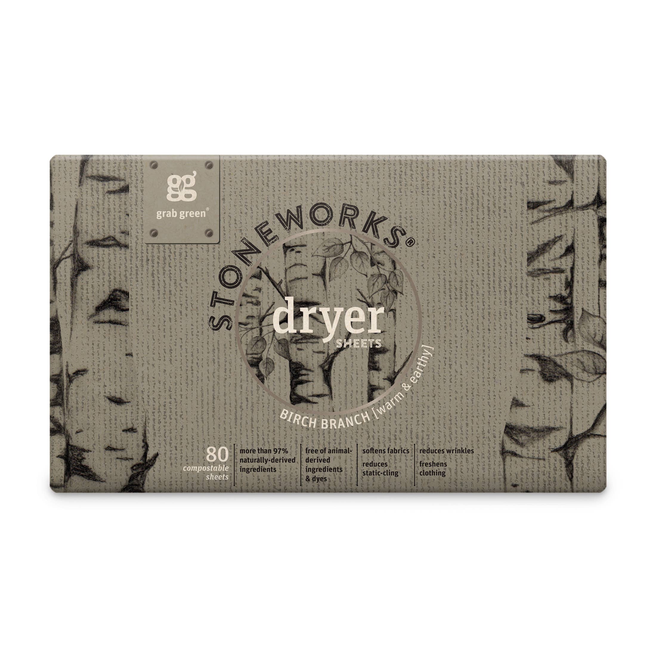 Grab Green - Wholesale Dryer Balls - Stoneworks Compostable Dryer Sheets, Birch Branch, 80 sheets0