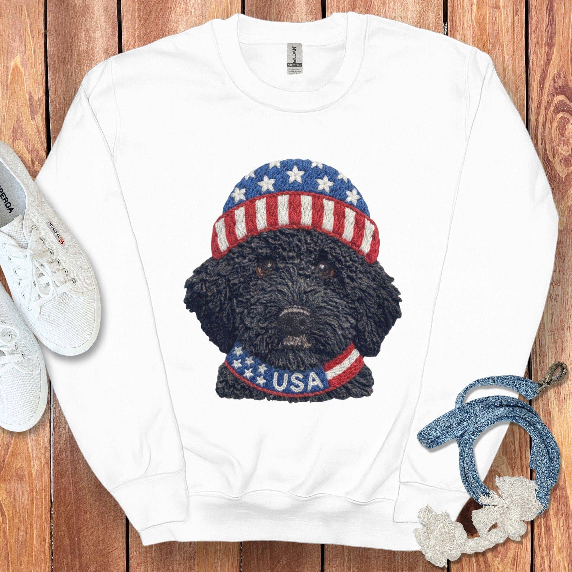 Puppy Jo - Wholesale Graphic Sweatshirt - Unisex - Patriotic Black Goldendoodle Sweatshirt1