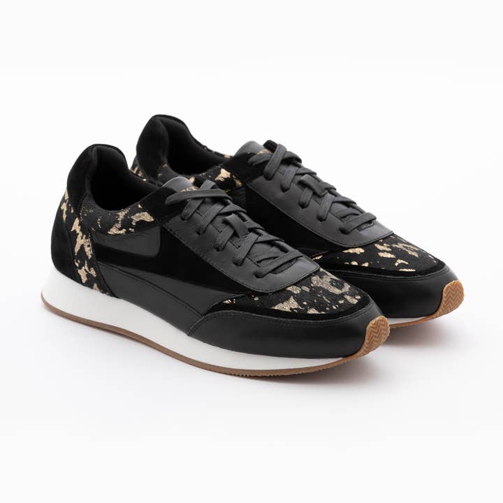 Women's Black and Gold Leather Trainers for wholesale by Presence