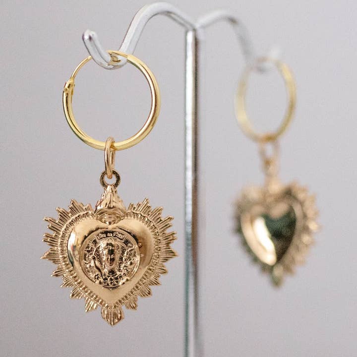 Frida Kahlo Viva La Vida Heart Hoop Earrings (Gold Vermeil) for wholesale by LICENSED TO CHARM