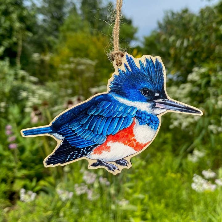 Allison Stoiser Art - Wholesale Ornament - Vrouwelijke ijsvogel met riem en houten print kerstornament0