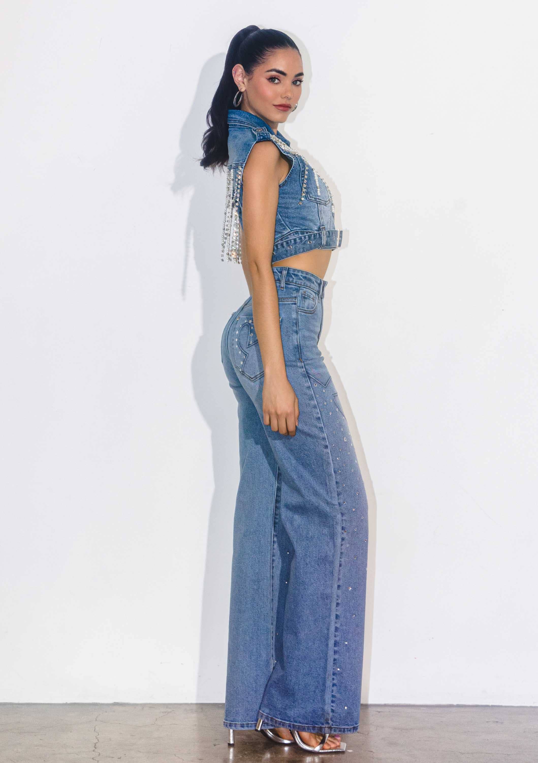 Pierre moyenne Jean à jambes larges Star Strass Western en vente sur Faire5